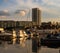 Stockholm, Sweden, view of the Hornsberg Strand district on Kungsholmen, at sunset. A marina with boats in the foreground