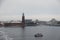 Stockholm Sweden, View of the Stockholm City Hall with a ferry on the river Riddarfjarden
