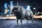 StockImage 3D illustration of big bull on blur city background