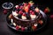 StockImage Top view chocolate cake with berries on a black background