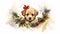 stockphoto, animal puppy in christmas wreath watercolor isolated on white background. Beautiful Christmas design for postcard