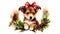 stockphoto, animal puppy in christmas wreath watercolor isolated on white background. Beautiful Christmas design for postcard