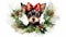 stockphoto, animal puppy in christmas wreath watercolor isolated on white background. Beautiful Christmas design for postcard