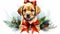 stockphoto, animal puppy in christmas wreath watercolor isolated on white background. Beautiful Christmas design for postcard