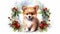 stockphoto, animal puppy in christmas wreath watercolor isolated on white background. Beautiful Christmas design for postcard