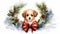 stockphoto, animal puppy in christmas wreath watercolor isolated on white background. Beautiful Christmas design for postcard