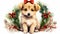 stockphoto, animal puppy in christmas wreath watercolor isolated on white background. Beautiful Christmas design for postcard