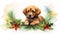 stockphoto, animal puppy in christmas wreath watercolor isolated on white background. Beautiful Christmas design for postcard