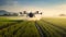 stockphoto, big agriculture drone spraying pesticides on a mais field. Innovative technology used for smart farming.