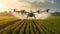 stockphoto, big agriculture drone spraying pesticides on a mais field. Innovative technology used for smart farming.