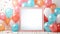 stockphoto, birthday photo frame template with balloons and cake. Beautiful template design for birtday card