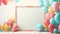 stockphoto, birthday photo frame template with balloons and cake. Beautiful template design for birtday card