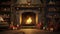 stockphoto, christmas evening, interior of decorated room and fireplace for the holiday. Cosy Christmas interior