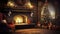 stockphoto, christmas evening, interior of decorated room and fireplace for the holiday. Cosy Christmas interior