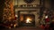 stockphoto, christmas evening, interior of decorated room and fireplace for the holiday. Cosy Christmas interior