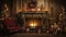 stockphoto, christmas evening, interior of decorated room and fireplace for the holiday. Cosy Christmas interior