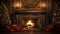 stockphoto, christmas evening, interior of decorated room and fireplace for the holiday. Cosy Christmas interior