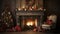 stockphoto, christmas evening, interior of decorated room and fireplace for the holiday. Cosy Christmas interior