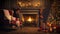 stockphoto, christmas evening, interior of decorated room and fireplace for the holiday. Cosy Christmas interior