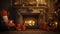 stockphoto, christmas evening, interior of decorated room and fireplace for the holiday. Cosy Christmas interior