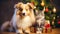 stockphoto, copy space, Cute dog and cat together near christmas tree and gifts. Beautiful background for Christmas card