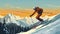 stockphoto, copy space, flat vector illustration, hand drawn, Jumping skier skiing. Extreme winter sports on mountain.