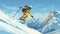 stockphoto, copy space, flat vector illustration, hand drawn, Jumping skier skiing. Extreme winter sports on mountain.