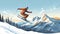 stockphoto, copy space, flat vector illustration, hand drawn, Jumping skier skiing. Extreme winter sports on mountain.