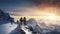 stockphoto, copy space, A group of climbers climb the mountains in winter. Healthy winter activities.