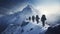 stockphoto, copy space, A group of climbers climb the mountains in winter. Healthy winter activities.