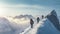 stockphoto, copy space, A group of climbers climb the mountains in winter. Healthy winter activities.