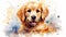 stockphoto, cute little golde retriever puppy in watercolor design. Portrait of a beautiful golden retriever.