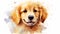 stockphoto, cute little golde retriever puppy in watercolor design. Portrait of a beautiful golden retriever.