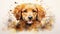 stockphoto, cute little golde retriever puppy in watercolor design. Portrait of a beautiful golden retriever.