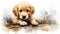 stockphoto, cute little golde retriever puppy in watercolor design. Portrait of a beautiful golden retriever.