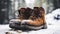 stockphoto, Hiker\\\'s Boots in the snow. Empty used hiking boots standing on the soil in a snowy landscape