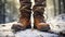 stockphoto, Hiker\\\'s Boots in the snow. Empty used hiking boots standing on the soil in a snowy landscape