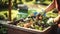 stockphoto, Person composting food waste in backyard compost bin garden. Person putting green waste into a compost bin.