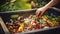 stockphoto, Person composting food waste in backyard compost bin garden. Person putting green waste into a compost bin.