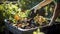 stockphoto, Person composting food waste in backyard compost bin garden. Person putting green waste into a compost bin.