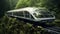 stockphoto, Train with roof made from solar panels, on track in forest. Concept of clean and green energy. Use of solar energy