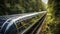 stockphoto, Train with roof made from solar panels, on track in forest. Concept of clean and green energy. Use of solar energy