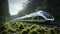 stockphoto, Train with roof made from solar panels, on track in forest. Concept of clean and green energy. Use of solar energy