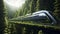 stockphoto, Train with roof made from solar panels, on track in forest. Concept of clean and green energy. Use of solar energy
