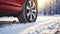 stockphoto, Winter tire. SUV car on snow road. Tires on snowy highway detail. close up view. Space for text.