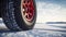 stockphoto, Winter tire. truck on snow road. Tires on snowy highway detail. close up view. Copy space