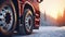 stockphoto, Winter tire. truck on snow road. Tires on snowy highway detail. close up view. Copy space.