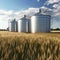 Stocks of grain in granaries. Agriculture, grain deal concept, metal grain storage stands in a field