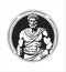 stoic man logo, strong thinker between circular frame, masculine emblem for elegant brands