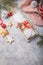 Stollen a traditional European cake with nuts and candied fruit, is dusted with icing sugar and cut into pieces